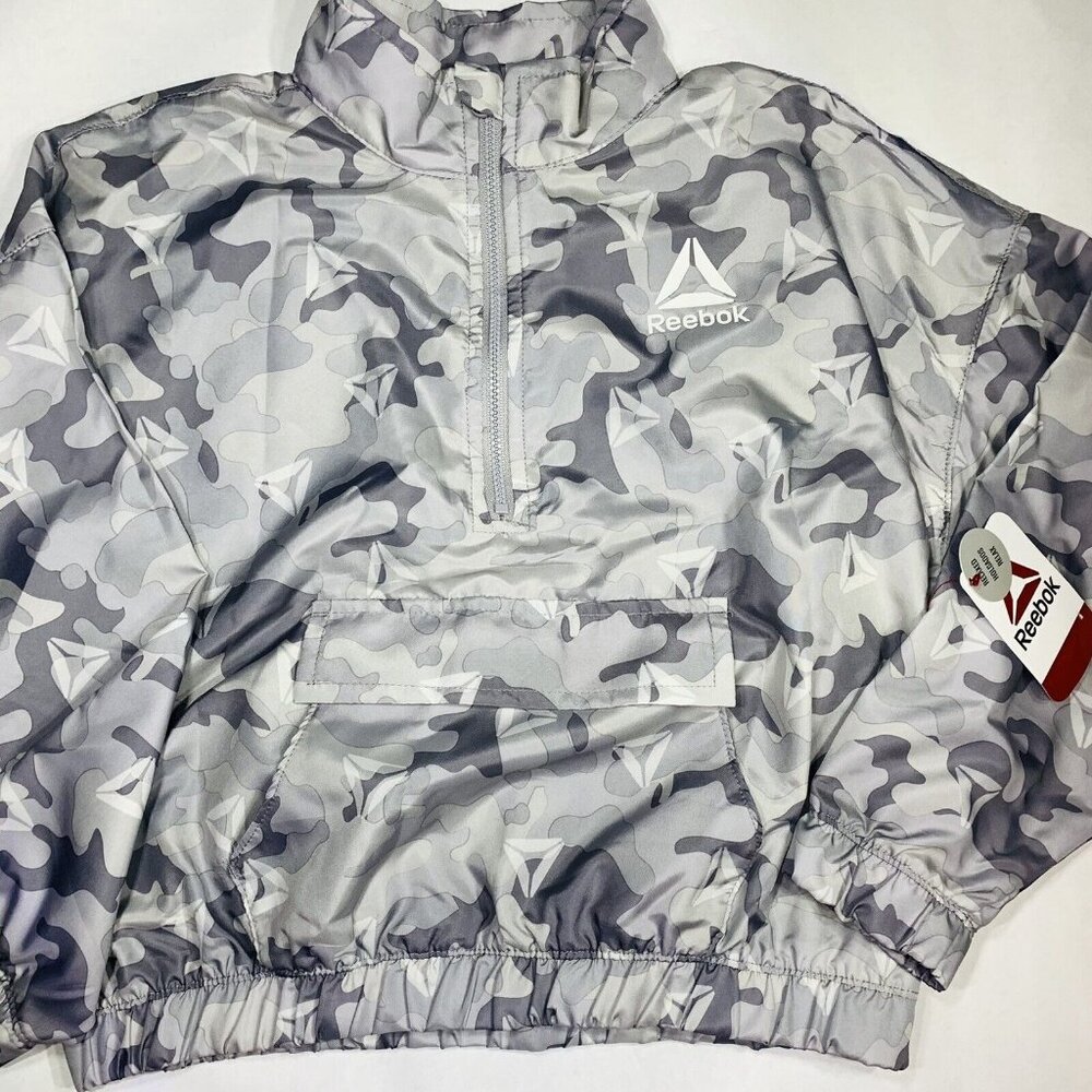 Girls Large 10 12 Camo Windbreaker Pullover Jacket Silver Reebok